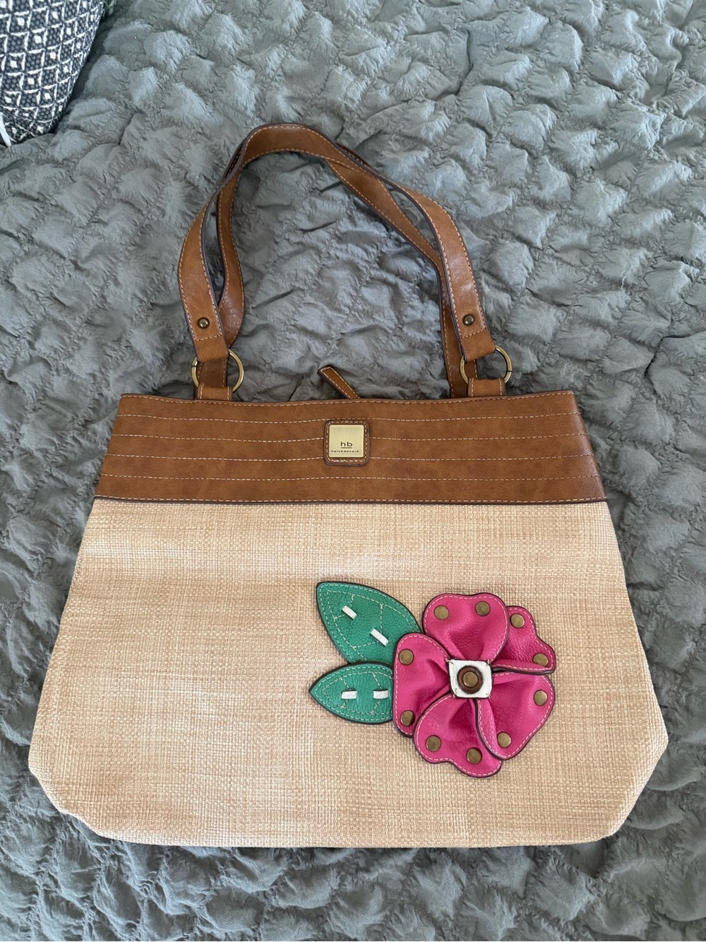 Harve Benard Beige Canvas Tote with Brown Trim and Pink Flower Applique